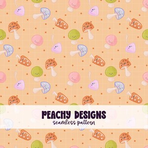 Puede incluir: Patrón sin costuras con setas de dibujos animados en varios colores, incluyendo naranja, rosa, verde y azul, sobre un fondo naranja claro con un patrón de cuadrícula. Se muestra el texto "PEACHY DESIGNS seamless pattern".