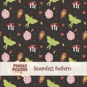 May include: Seamless pattern featuring illustrations of green moths, red mushrooms, red leaves, and orange lanterns on a dark gray grid background. The text "Peachy Designs Shoppe" and "Seamless Pattern" are also present.