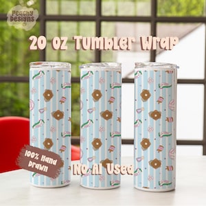 May include: Three 20 oz tumblers featuring a repeating pattern of brown pancakes, pink sneakers, and small hearts on a light blue and white vertical striped background. The text 20 oz Tumbler Wrap, 100% Hand Drawn, and No AI Used is visible.