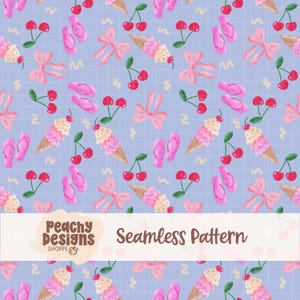 Könnte beinhalten: Nahtloses Muster mit rosa Schleifen, Kirschen, Eiswaffeln und Flip-Flops auf hellblauem Gittergrund. Der Text lautet "Peachy Designs Shoppe" und "Seamless Pattern".