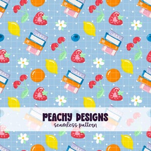 May include: A seamless pattern featuring a light blue grid background with various illustrations. The design includes lemons, cherries, strawberries, oranges, books, flowers, and blueberries. The text "PEACHY DESIGNS seamless pattern" is displayed at the bottom.