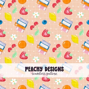 May include: A seamless pattern featuring illustrated fruits and books on a peach background. The design includes cherries, strawberries, lemons, oranges, blueberries, and books. The text "PEACHY DESIGNS seamless pattern" is displayed at the bottom.