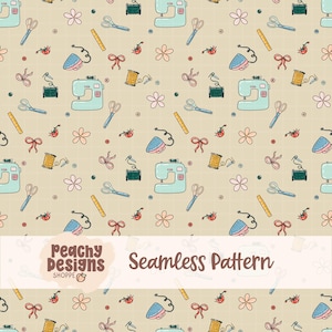 Könnte beinhalten: Nahtloses Muster mit Nähmaschinen, Scheren, Bügeleisen, Garnrollen und Blumen in Hellblau, Rot, Gelb und Beige. Der Text "Seamless Pattern" ist im Design enthalten.
