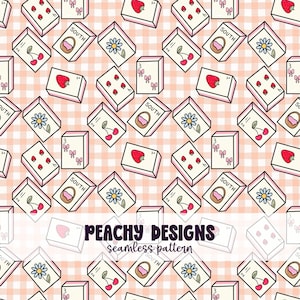 May include: Seamless pattern featuring illustrated playing cards with strawberries, cherries, daisies, and baskets. The cards are arranged on a peach and white gingham background. The text "PEACHY DESIGNS seamless pattern" is also visible.