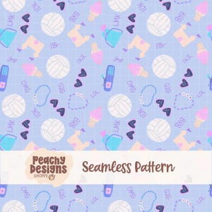 May include: A seamless pattern on a pale blue backdrop with volleyballs, ice cream cones, mobile phones, and heart shapes. The design also incorporates text like "OMG", "LOL", and "Peachy Designs".