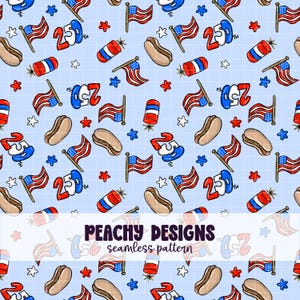 以下が含まれることがあります： 愛国的なイラストが特徴のシームレスパターン。アメリカ国旗、ホットドッグ、花火、数字の「25」が赤、白、青で描かれ、水色のグリッドの背景に配置されています。「PEACHY DESIGNS seamless pattern」というテキストも含まれています。
