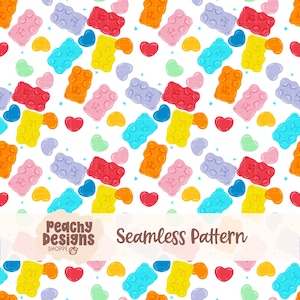 May include: A seamless pattern featuring colorful gummy bear candies and heart-shaped candies on a white background. The gummy bears are in various colors, including red, orange, yellow, blue, and purple. The text "Peachy Designs Shoppe" and "Seamless Pattern" are also visible.
