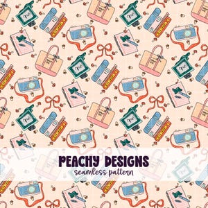 May include: A repeating pattern with illustrations of cameras, notebooks, tote bags, ink bottles, and books. The design uses pink, blue, and beige tones, with bow and acorn details. The text "PEACHY DESIGNS seamless pattern" is at the bottom of the image.