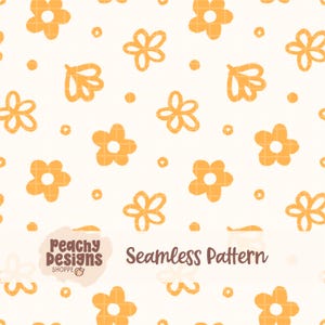 May include: A seamless pattern featuring orange hand-drawn flowers and small dots on a white background. The text Peachy Designs Shoppe Seamless Pattern is visible in the lower left corner in a brown, rounded, bold, and playful font style.