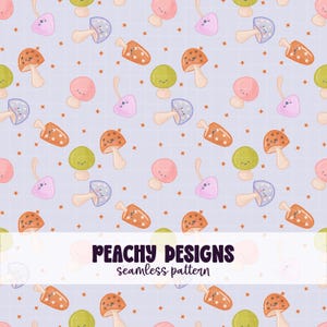 Puede incluir: Un patrón sin costuras con setas de dibujos animados en naranja, rosa, verde y azul. Las setas tienen caras sonrientes y están sobre un fondo de cuadrícula azul claro con pequeños acentos de estrellas naranjas. Se muestra el texto "PEACHY DESIGNS seamless pattern".