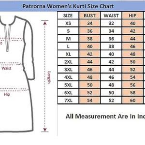 May include: A size chart for Patrorna women's kurtis, showing bust, waist, hip, and length measurements in inches. The chart includes sizes XS to 7XL, with corresponding measurements for each size. The text "All Measurement Are In Inches" is at the bottom.