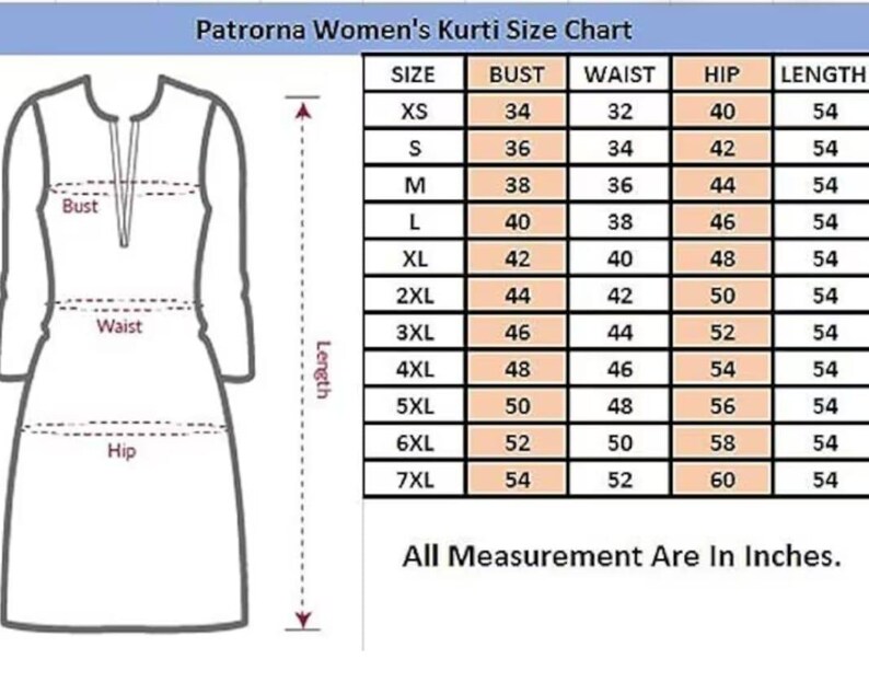 May include: A size chart for Patrorna women's kurtis, showing bust, waist, hip, and length measurements in inches. The chart includes sizes XS to 7XL, with corresponding measurements for each size. The text "All Measurement Are In Inches" is at the bottom.
