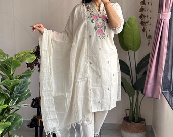 Embroidered Khadi Cotton Kurti Set: Indian Salwar Kameez Party Dress