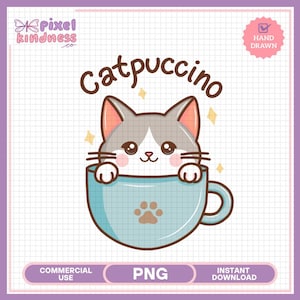 Catpuccino PNG, Cute Coffee Cat Design, Funny Cat Sticker, Printable Cat Design, Gray Cat and Coffee Png, Sublimation Design, Cat Cup Png
