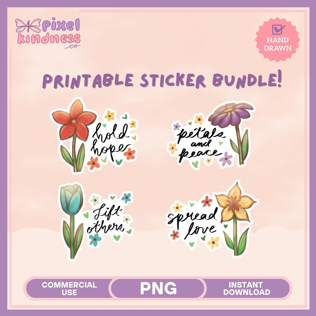 Inspirational Floral Stickers PNG: Hand-drawn Sticker Bundle (digital ...