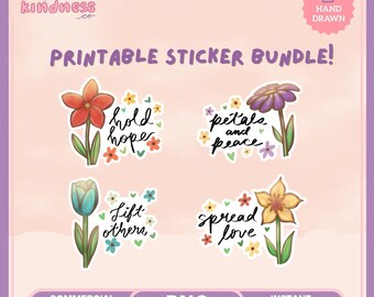 インスピレーションあふれる花柄ステッカー PNG: 手描きステッカーバンドル (デジタルダウンロード)