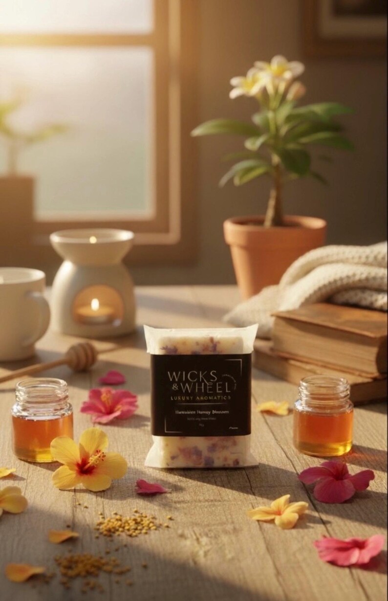 以下が含まれることがあります： 「Wicks & Wheel」の高級アロマのパッケージ、蜂蜜の瓶、ハイビスカスの花をあしらった静物画。白いセラミックのアロマウォーマーにはろうそくが灯っている。木製の表面に、背景には小さな鉢植えの植物が置かれている。