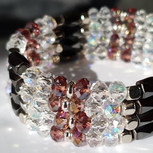 Versatile: Wrapped Bracelet into Necklace, different ways to wear, magnetic hematite stone, crystals, no clasp, professional finish, purple