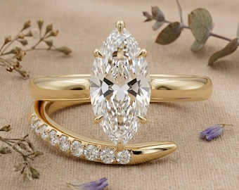 Set di anelli di fidanzamento con diamante marquise creato in laboratorio, fede nuziale curva, anello da sposa in oro giallo certificato IGI.