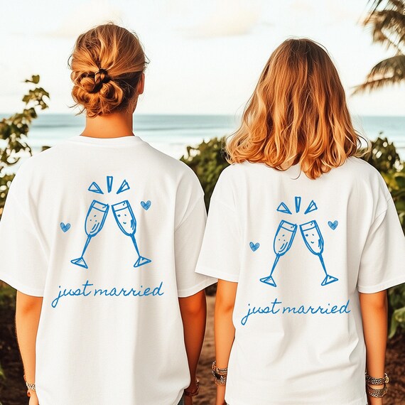 T-Shirts Just Married, Geschenk Hochzeit, Couple Shirts, T-Shirt Braut, T-Shirt Bräutigam, T-Shirt Honeymoon, TShirt Backprint, Partnershirt