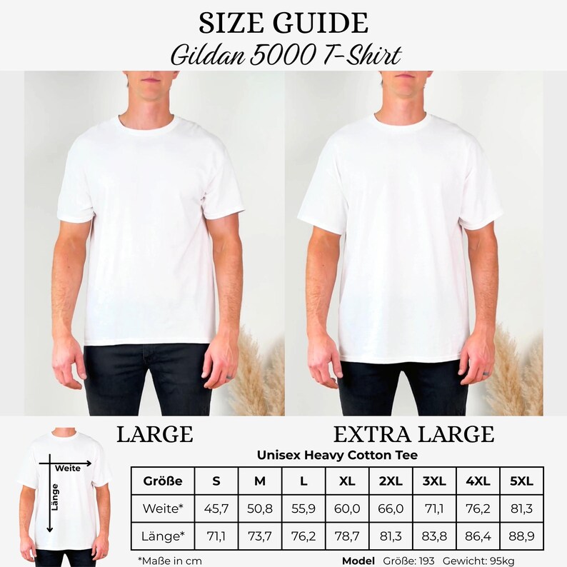 Op de afbeelding: Een maattabel voor een Gildan 5000 T-shirt, met twee modellen in witte t-shirts. De tabel bevat afmetingen in cm voor de maten S tot 5XL. De tekst luidt "Unisex Heavy Cotton Tee". Het model is 193 cm lang en weegt 95 kg.