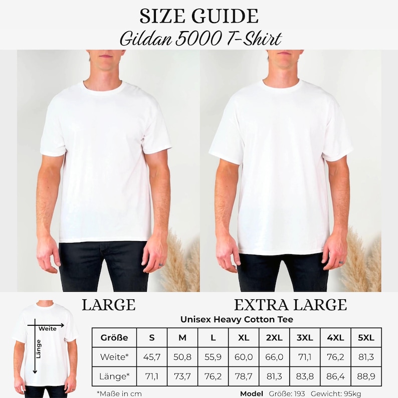 May include: A size guide for a Gildan 5000 T-shirt, featuring two models wearing white t-shirts. The guide includes measurements in centimeters for various sizes, from S to 5XL. The text "Unisex Heavy Cotton Tee" is also visible.