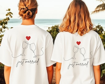 T-shirts Just Married, Gift Hochzeit, T-shirt stel, T-shirt Braut, T-shirt Bräutigam, T-shirt Honeymoon, Backprint T-shirt, Partnershirt