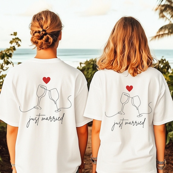 T-Shirts Just Married, Geschenk Hochzeit, Couple Shirts, T-Shirt Braut, T-Shirt Bräutigam, T-Shirt Honeymoon, TShirt Backprint, Partnershirt