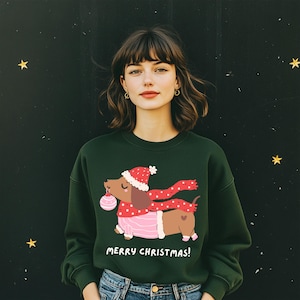 Op de afbeelding: Donkergroene sweatshirt met een cartoon teckel met een kerstmuts en sjaal, met een roze kerstbal. De tekst "MERRY CHRISTMAS!" staat eronder. De sweatshirt wordt door een persoon gedragen.