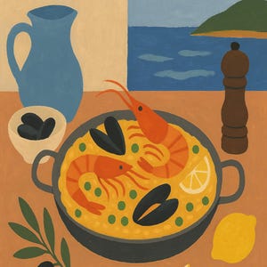Paella spagnola, stampa rustica, illustrazione di cibo a guazzo, arredamento di campagna mediterranea, poster da cucina di ispirazione vintage