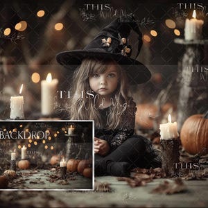 May include: A young girl dressed as a witch sits in a dark, rustic setting with pumpkins, candles, and fairy lights. The backdrop is a digital image of a similar scene with the text "BACKDROP" printed on it.