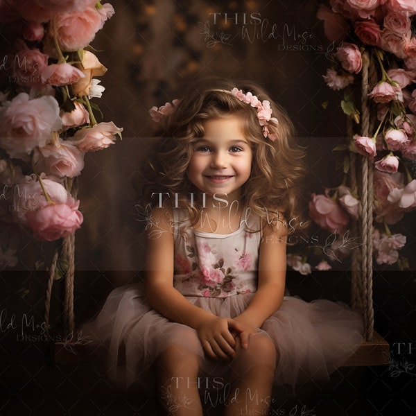 Studio digital Backdrop, Rose swing digital backdrop, pink roses, flowers, wood swing, studio background, studio portrait digital backdrop