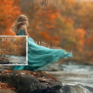 Puede incluir: Una niña con un vestido azul turquesa se para en una roca en un arroyo. El fondo es una imagen borrosa de follaje otoñal.