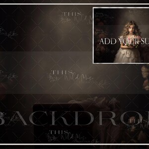 May include: A dark brown backdrop with a light brown overlay and a white text overlay that says "BACKDROP". The backdrop is decorated with white flowers and a girl in a white dress is standing in front of a light brown background with white flowers. The text "ADD YOUR SUBJECT" is written in white on the light brown background.
