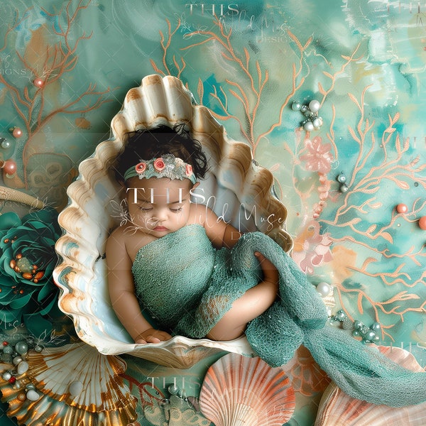 Newborn Seashell Digital Background, Top down view newborn composite, Newborn, Seashells, starfish, mermaid themed newborn composite,