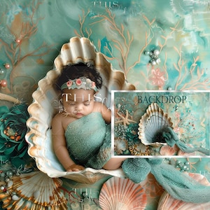 Puede incluir: Una niña pequeña vestida con un disfraz de sirena verde azulado y verde está acostada en una concha grande. La concha está rodeada de otras conchas, estrellas de mar y perlas. El fondo es un fondo de acuarela verde azulado y verde con coral y perlas.