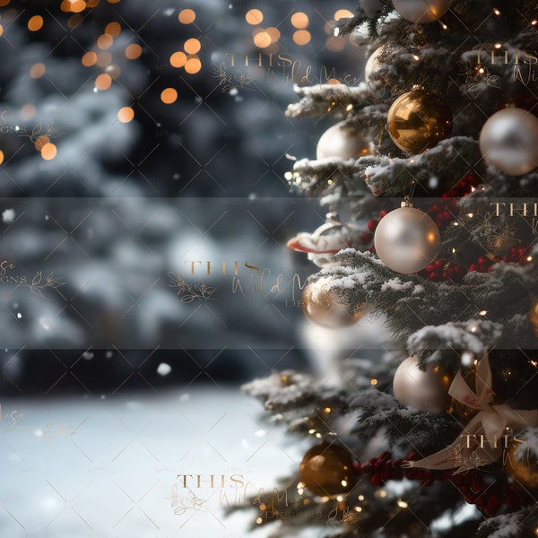 Christmas Tree Digital Backdrop, snowy winter scene, Christmas digital background, holiday tree, holiday, holiday lights, Christmas tree