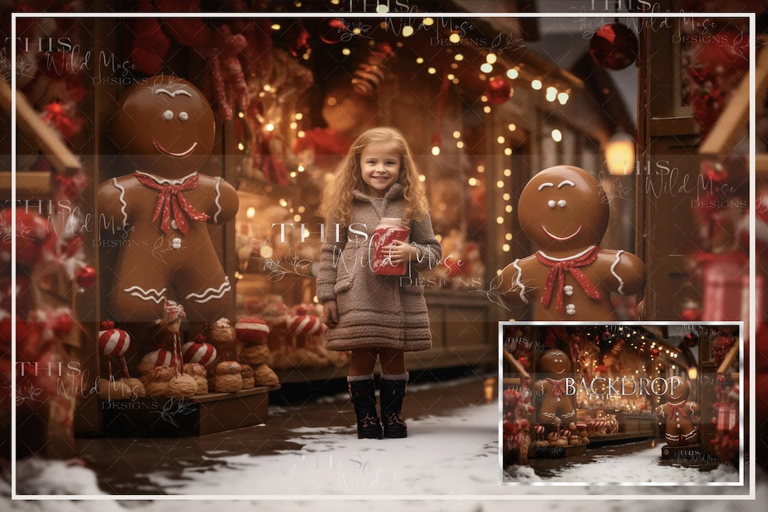 Gingerbread Shopping Digital Backdrop, Gingerbread, Christmas Digital ...