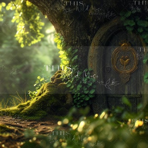 May include: A mossy green tree trunk with a wooden door in the side. The door has a golden ornate design with a flower motif. The scene is set in a forest with green foliage and sunlight shining through the leaves.