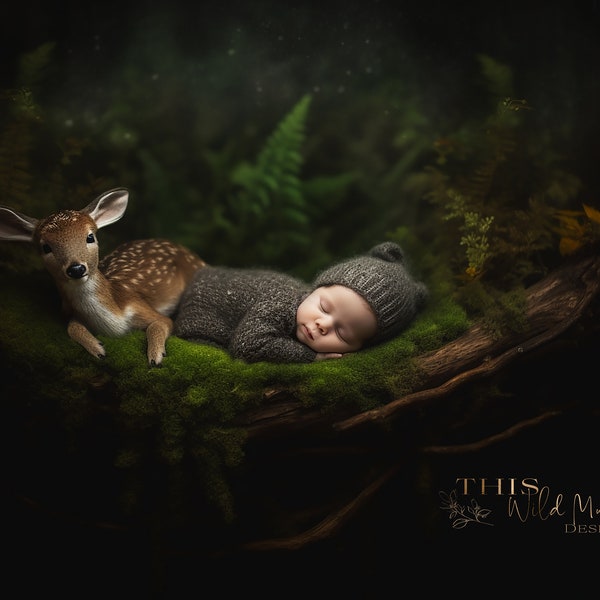 2 Newborn with Fawn Digital Background, Newborn Composite, Digital background, photoshop composite, creative imagery, Newborn, Deer,woodland