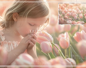 Op de afbeelding: Een jong meisje met blond haar ruikt aan een roze tulp in een veld met roze tulpen. De achtergrond is wazig en het licht is zacht.