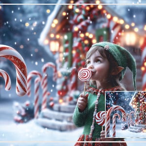 May include: A festive Christmas scene featuring a child dressed as an elf, enjoying a lollipop. Large red and white striped candy canes are in the foreground. The background includes a snow-covered village with lights.