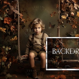 May include: A young child sits on a swing in a rustic setting. The swing is made of rope and wood, and the child is wearing a brown sweater and khaki trousers. The background is a dark green and brown, with autumn foliage and flowers. The image is a backdrop for photography.