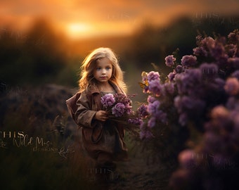 May include: A young girl with long blonde hair stands in a field of purple flowers. She is wearing a brown jacket and holding a bouquet of purple flowers. A butterfly is flying near her.