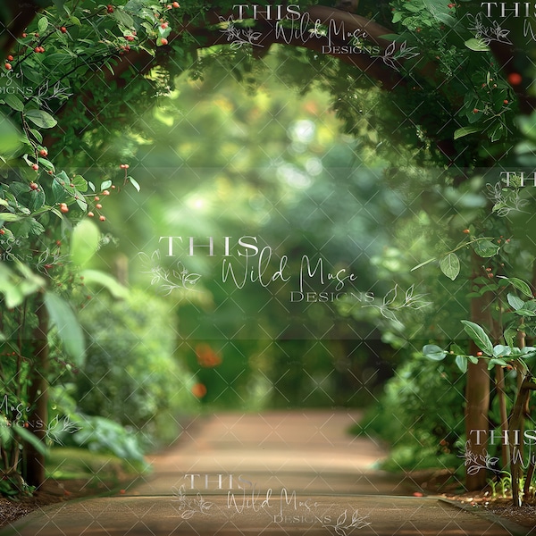 Beautiful green summer park arbor digital backdrop, Spring background, Green foliage, arbor, park, park pathway, summer digital backdrop