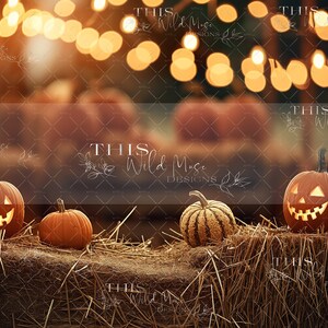 May include: Three carved pumpkins with jack-o'-lantern faces sit on a bed of hay. The pumpkins are lit from within, creating a warm glow. The background is out of focus and features a string of lights and a blurred image of pumpkins.