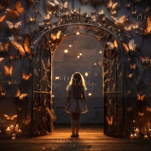 Butterfly fantasy digital backdrop, magical lights digital background, butterflies, fantasy, candles, fairy light, fantasy composite digital