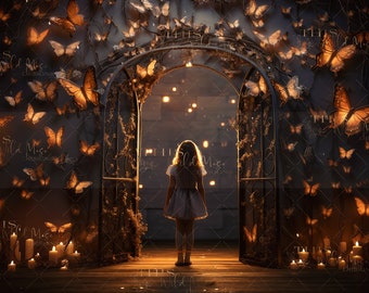 Butterfly fantasy digital backdrop, magical lights digital background, butterflies, fantasy, candles, fairy light, fantasy composite digital