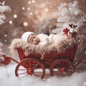 Christmas Newborn Digital background, newborn composite, newborn backdrop, red wagon, snowy scene, Christmas, newborns, reindeer toy