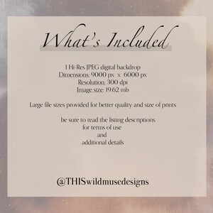 May include: Text overlay on a light brown background with a white cloud-like pattern. The text reads "What's Included" and lists details about a high-resolution digital backdrop, including dimensions, resolution, file size, and a note about reading the listing descriptions for terms of use and additional details. The text also includes the social media handle "@THISwildmusedesigns".